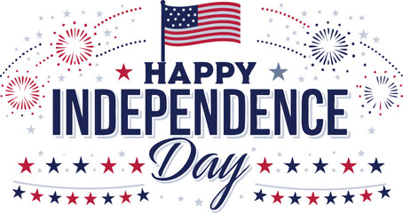 Obraz premium Happy Independence Day with American Flag and Fireworks, USA 4th of July Patriotic Celebration Graphic Design, Red White Blue Stars and Fireworks Holiday Illustration.