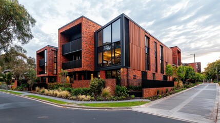 Modern brick apartment building with large windows and landscaped grounds