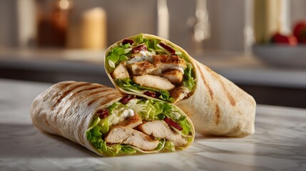 Fresh chicken Caesar wrap sliced to reveal crisp romaine, grilled chicken strips, shaved parmesan, and creamy dressing inside a soft flour tortilla, soft side light emphasizing fresh greens