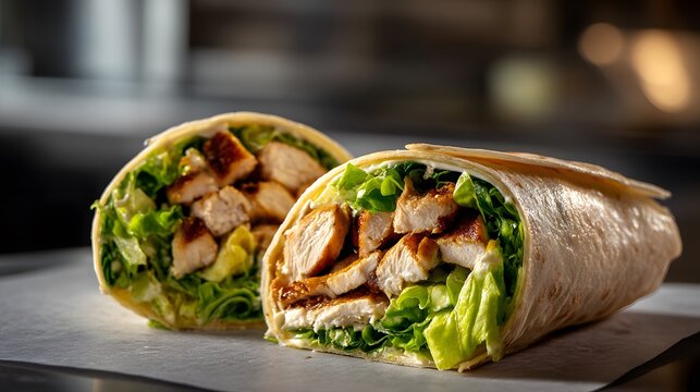 Fresh chicken Caesar wrap sliced to reveal crisp romaine, grilled chicken strips, shaved parmesan, and creamy dressing inside a soft flour tortilla, soft side light emphasizing fresh greens
