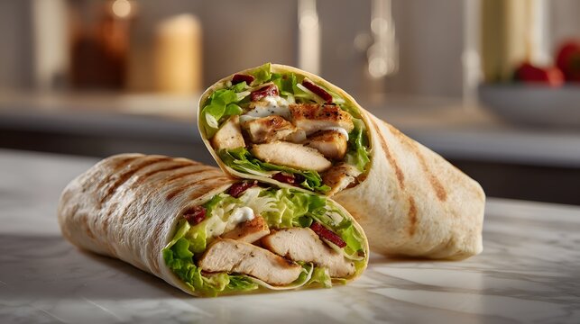 Fresh chicken Caesar wrap sliced to reveal crisp romaine, grilled chicken strips, shaved parmesan, and creamy dressing inside a soft flour tortilla, soft side light emphasizing fresh greens