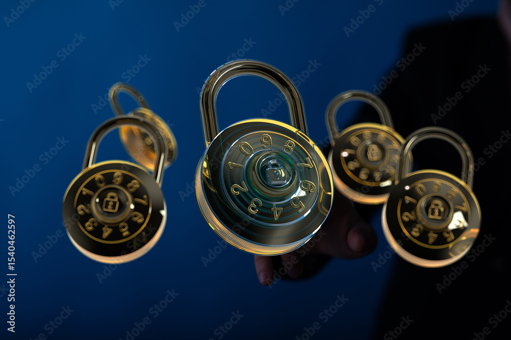 Poster Gold combination locks floating, symbolizing data security and protection.  Perfect for cybersecurity and privacy concepts.