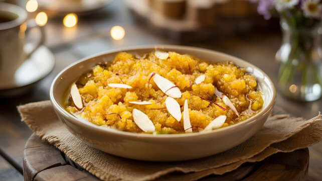 a photograph of a south asian dish, samolina (sooji) halwa, moong daal halwa