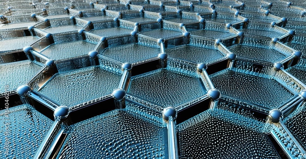 Poster hexagonal lattice structure, possibly graphene. blue tones dominate, showing interconnected cells. d
