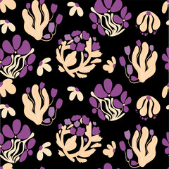 Seamless floral pattern with abstract purple and beige flowers and organic shapes on black background in modern decorative style,textile prints, fabric design, wrapping paper, wallpaper. Vector