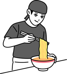 麺線を整える男性のラーメン屋の店員