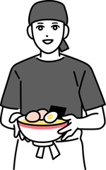 ラーメンを提供する男性のラーメン屋の店員