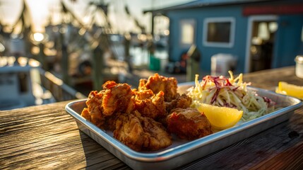 Fried clams on a metal tray with slaw and lemon wedges, crispy panko coating detailed under golden outdoor sunlight, dockside seafood shack atmosphere with weathered wood and fishing nets in soft focu
