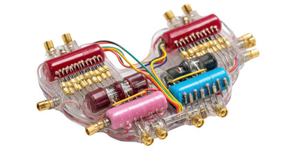 Obraz na płótnie Canvas Colorful capacitors, resistors, and transistors are interconnected within a transparent heart shaped casing, symbolizing the fusion of biology and technology in an electrical heartbeat simulation