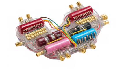 Colorful capacitors, resistors, and transistors are interconnected within a transparent heart shaped casing, symbolizing the fusion of biology and technology in an electrical heartbeat simulation