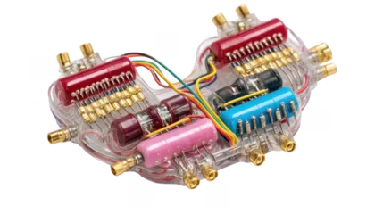 Fotobehang Colorful capacitors, resistors, and transistors are interconnected within a transparent heart shaped casing, symbolizing the fusion of biology and technology in an electrical heartbeat simulation © Justlight