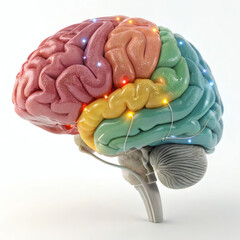 3D brain illustration, colorful brain anatomy, human brain rendering, neural pathways 3D, anatomical brain model, cognitive science art, medical brain visual, brain health concept, neuroscience symbol