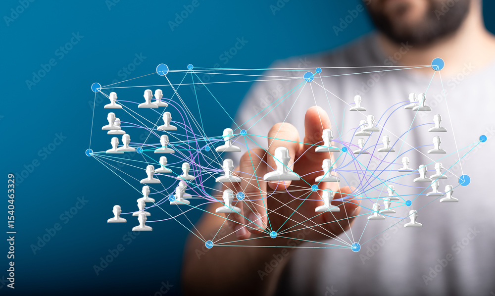 Aufkleber Image of a hand interacting with a digital network of people, representing global connection and communication.