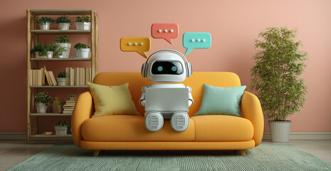 Friendly AI Chatbot on Couch with Speech Bubbles - AI Assistant, Customer Service, Digital Communication, Technology. A charming robotic character with headphones sitting comfortably, symbolizing mod