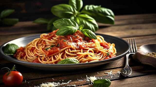 classic pasta with basilico zoom in video