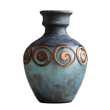 Ancient Phoenician glass perfume flask, 4th century BCE, iridescent surface with swirling pattern, opalescent blue-green tones, isolated on a white background.