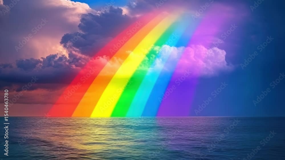Poster a colorful rainbow stretching across the surface of calm water on a cloudy day