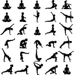 Yoga silhouette vector collection, meditation, stretching, fitness, woman poses, black graphic set, workout illustrations, balance exercise icons, flexible female shapes, wellness art clipart