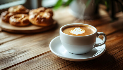 Obraz premium Hot coffee with steam served in a white cup on a wooden table with baked pastries in the background