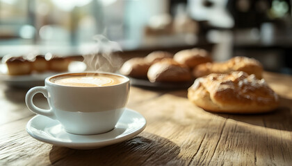 Fototapeta premium Hot coffee with steam served in a white cup on a wooden table with baked pastries in the background