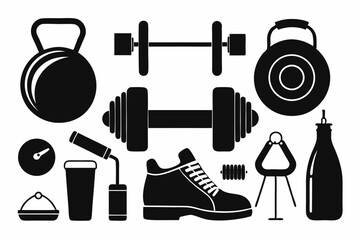 Obraz premium Fitness Equipment Icons Set Gym Workout Strength Training Silhouette Design