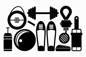 Fitness Equipment Icons A Collection of Black and White Gym Symbols for Branding and Design