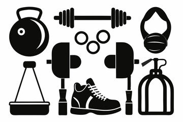Fitness Equipment Icons Set  A collection of strong black silhouettes of gym gear including weights dumbbells kettlebells and shoes perfect for athletic branding
