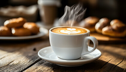 Obraz premium Hot coffee with steam served in a white cup on a wooden table with baked pastries in the background