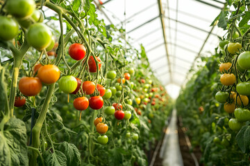 Ripe tomatoes growing in a sunny greenhouse vegetable garden