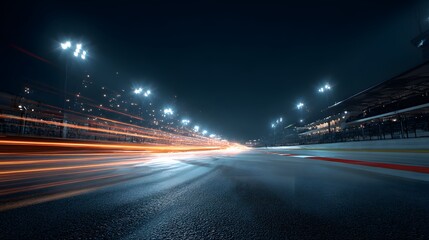 high-speed race track at night with glowing lights and motion blur showcasing racing intensity and speed
