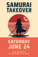 Samurai takeover event poster with bold warrior silhouette and vintage red sunset background in japanese minimalist design style