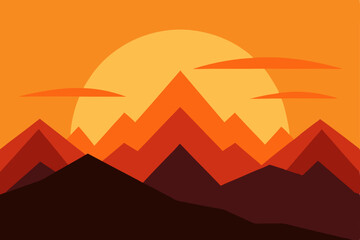 Sunset Mountain Landscape Minimalist Orange and Brown Mountain Range Silhouette at Dusk