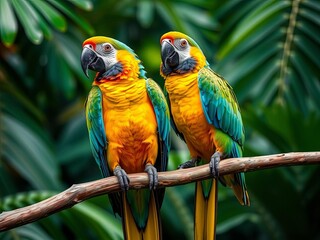 Pair of macaws perched on rainforest branch, vibrant plumage, tropical green background, detailed feathers, photorealistic wildlife portrait, Ai Generate.