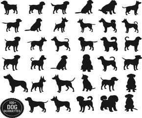 Dog silhouettes vector collection, domestic pet shapes, various breed icons, black puppy outline set, canine profile pack, graphic art for design, isolated white background