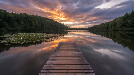 a photograph of a tranquil lake at golden hour with water lilies