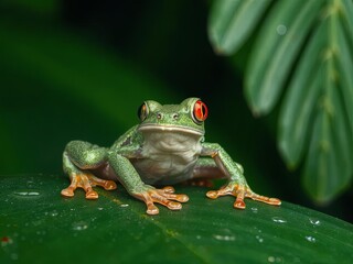 Red-eyed tree frog sitting on wet tropical leaf, vibrant green background, sharp focus, water droplets, Ai Generate.