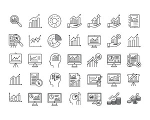  Set of Data Analytics and Business Growth Line Icons – Editable Vector Illustrations, Business, Finance, Growth, Chart, Graph, Analytics, Data, Report, Statistics, Market, Investment, Progress