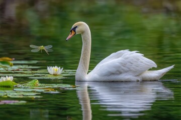 Fototapeta premium Elegant swan gliding on serene pond, accompanied by curious frog and hovering dragonfly, tranquil nature scene unfolding.