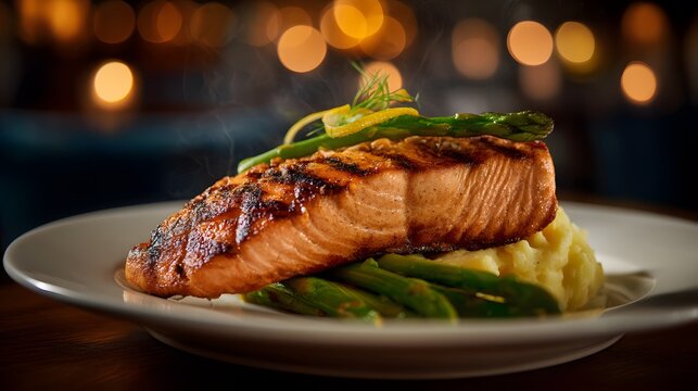 Grilled salmon fillet with caramelized grill marks, plated with asparagus spears and garlic mashed potatoes, backdropped by upscale dining room setting with warm bokeh lighting