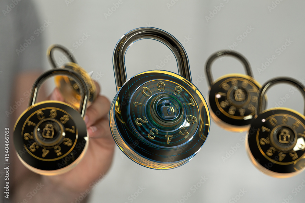 Poster high-quality image of combination locks, ideal for cybersecurity, data protection, and safety concep