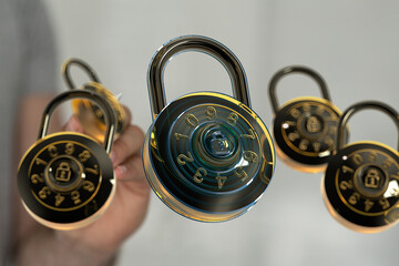 High-quality image of combination locks, ideal for cybersecurity, data protection, and safety...