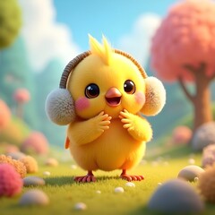 Whimsical Kiwi Bird Wearing Fuzzy Earmuffs in a Frosty Fantasy World