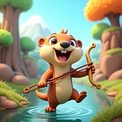 Playful Otter with Riverstone Slingshot in a Whimsical Woodland Adventure