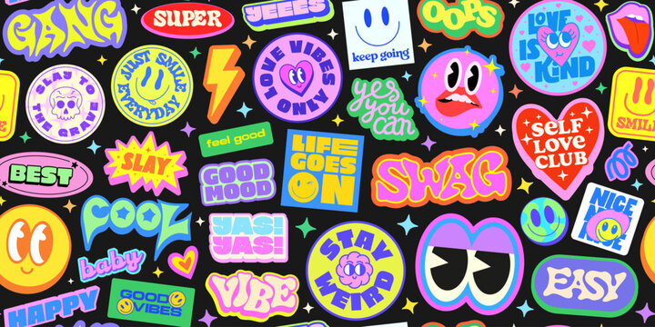 Cool Groovy Stickers Collage Seamless Pattern. Y2k Pop Art Funny Background With Cute Patches. Funky Retro Illustration Comic Characters.