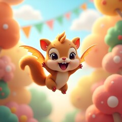 Flying Squirrel with Silk Parachute in a Whimsical Skyscape Adventure