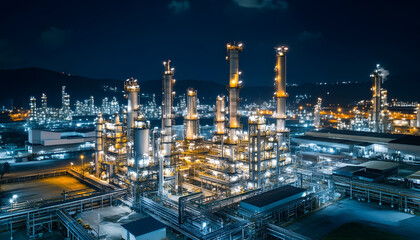 Fototapeta premium Oil and gas industrial refinery at night, Oil and gas refinery petrochemical plant pipeline steel, Oil and gas refinery factory oil and gas storage tank pipeline steel at night, Global energy refinery