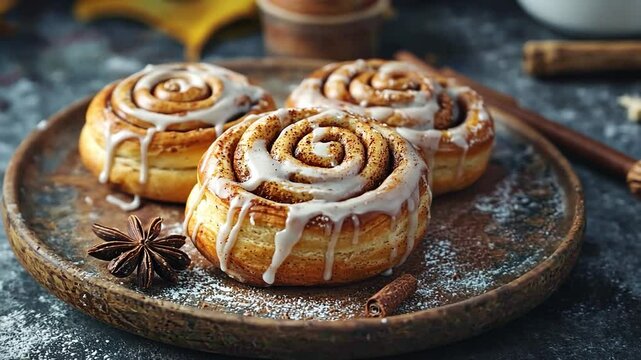 freshly baked cinnamon rolls orbit left video