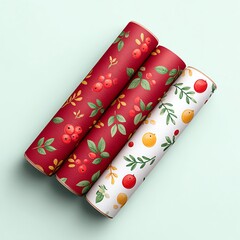 Vibrant gift wrapping papers featuring floral and fruit patterns in festive colors.