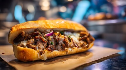 Juicy Philly cheesesteak sandwich bursting with sautéed onions, melted provolone, and thinly sliced ribeye steak in a toasted hoagie roll, close-up view under bright natural light showing tender meat 