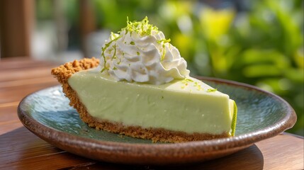 Key lime pie with smooth pale green filling and fluffy whipped cream topping on rustic ceramic plate, vibrant natural daylight capturing fine graham cracker crust texture and glossy lime zest garnish